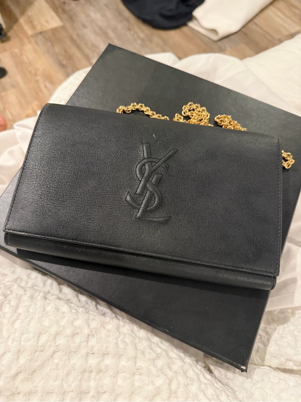 Saint Laurent Black Leather Monogram Wallet with Gold Chain